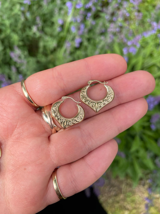 Gold Heart Engraved Hoops