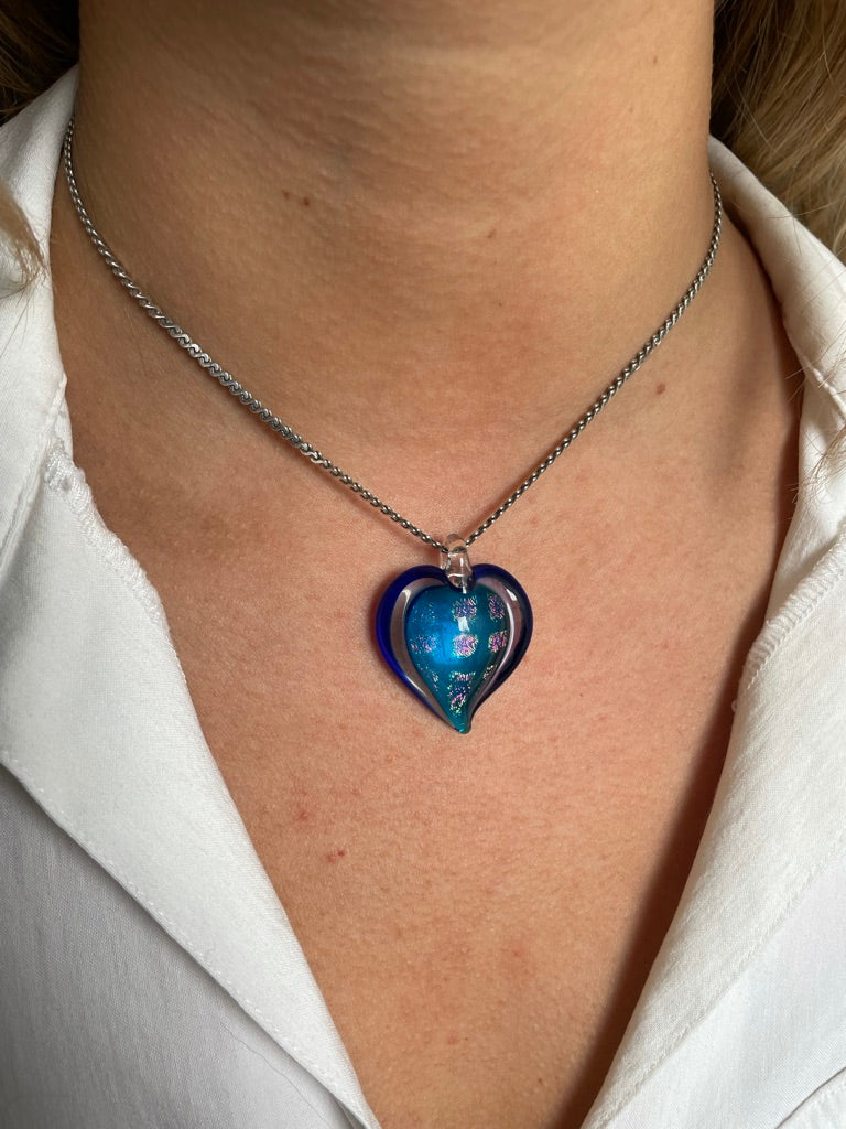 Sparkly Blue Glass Heart Necklace