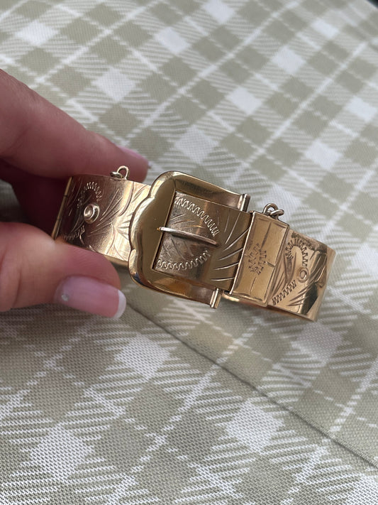 Big Chunky Gold Plated Engraved Buckle Bangle