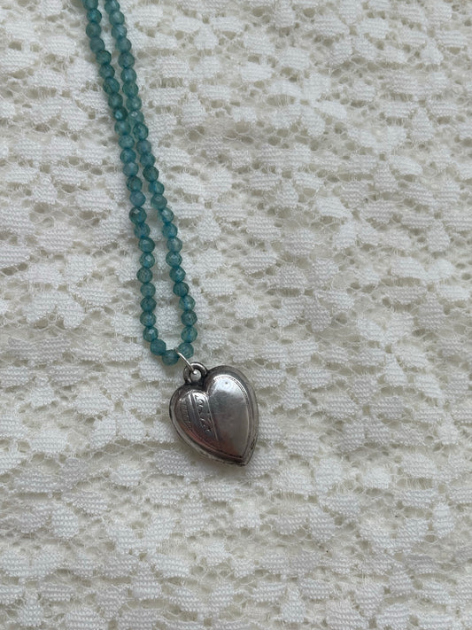 Big Heart Blue Bead Charm Necklace