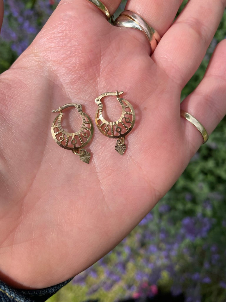 Gold Heart Dangly Hoops