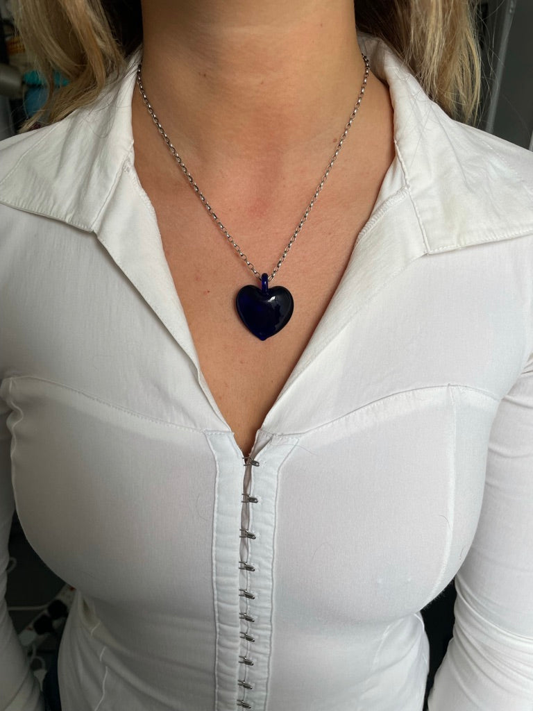 Deeeep Blue Glass Heart Necklace