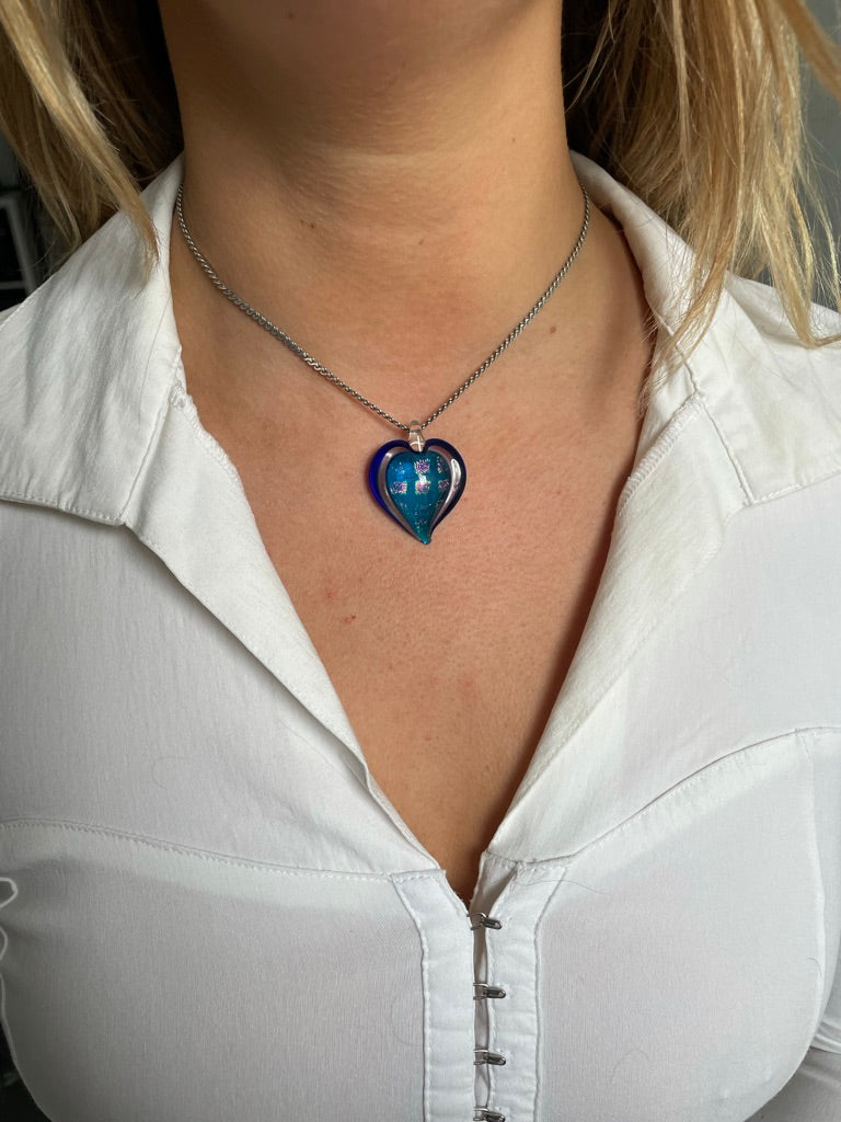 Sparkly Blue Glass Heart Necklace