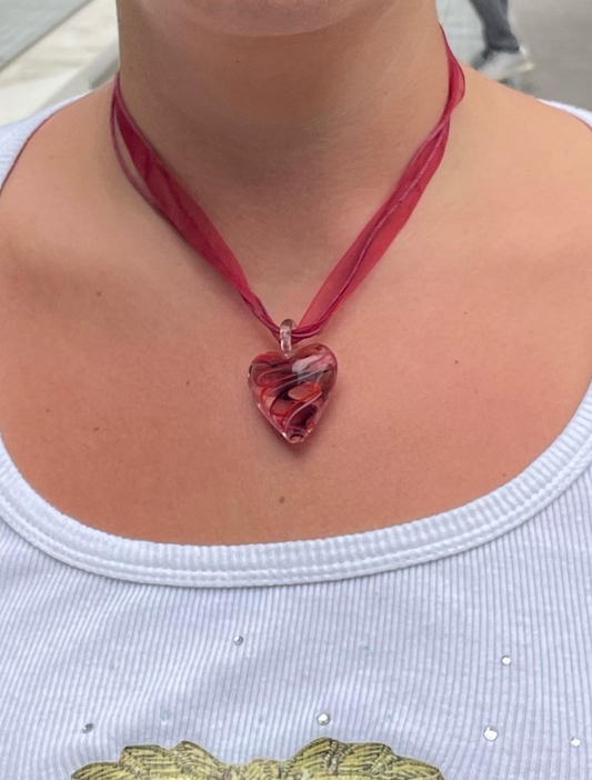 Glass Heart Ribbon Necklace